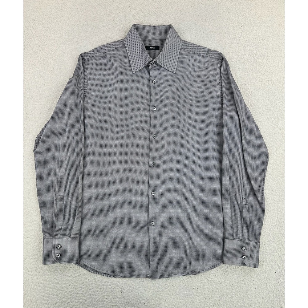 BOSS Hugo Boss Dress Shirt Mens 17 34/35 Gray Herringbone Classic Cotton LS